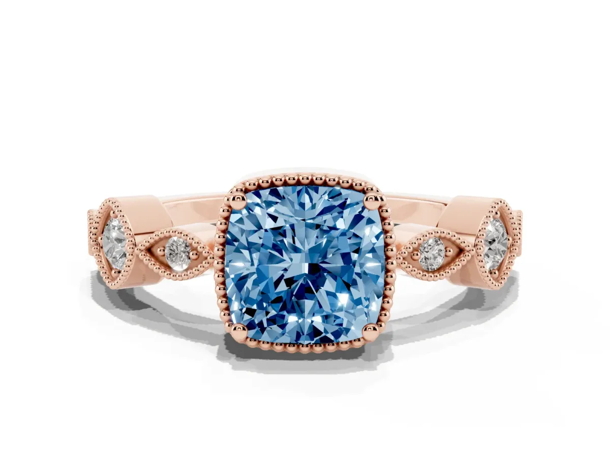 Fancy Blue Cushion Cut Diamond Vintage Milgrain Ring with Round Stations Rose gold