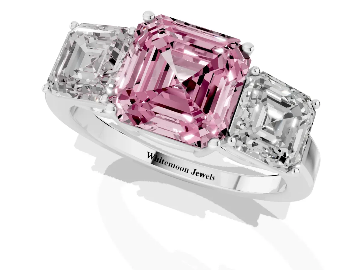 Fancy Pink Three-Stone Asscher Cut Cut Diamond Engagement Ring with Flat Band and Four-Prong Setting Silver