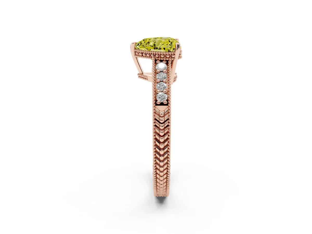 Fancy Yellow Heart Cut Solitaire Pavé Diamond Milgrain Engagement Ring with Four-Prong Setting Rose gold