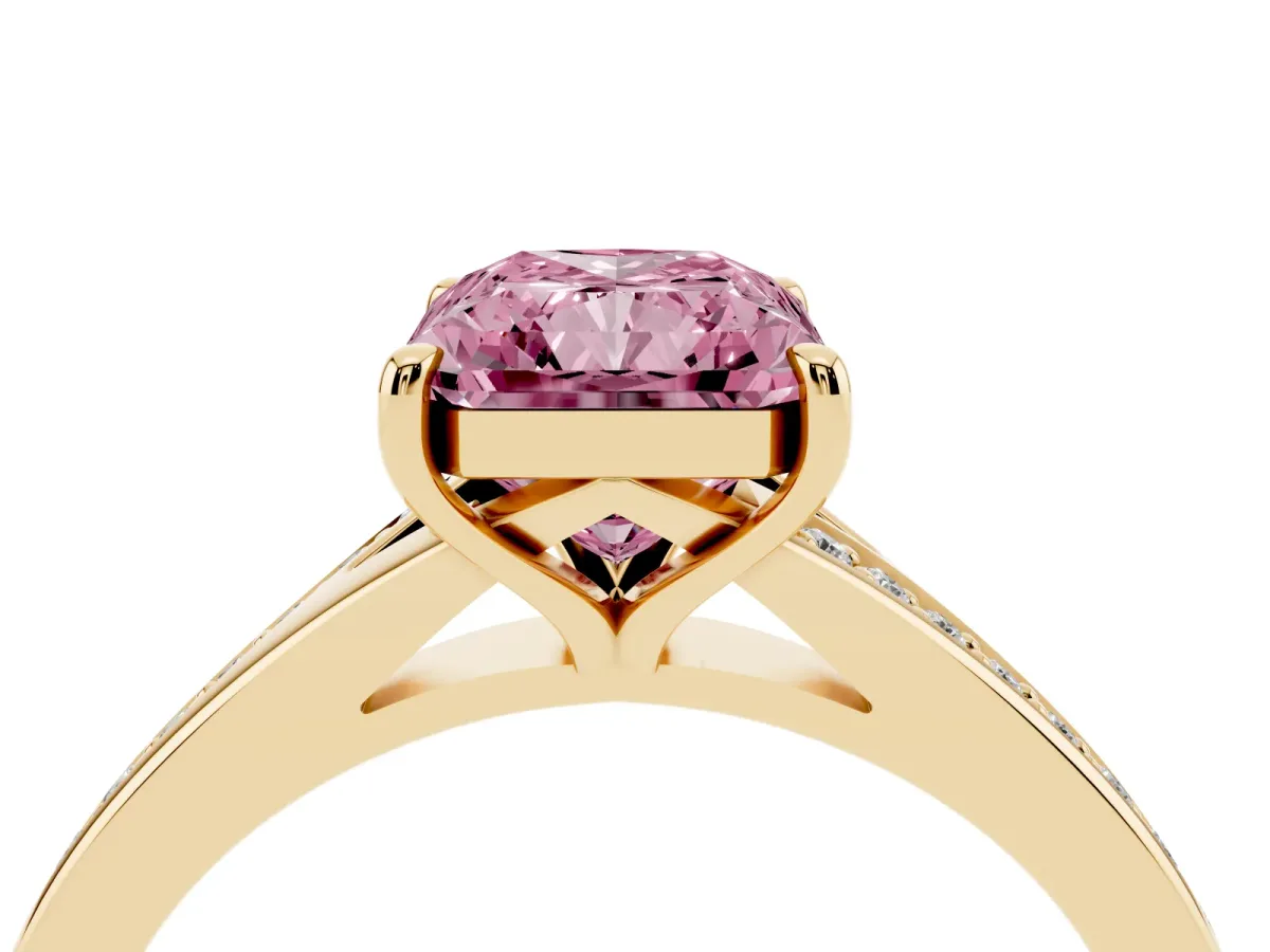 Fancy Pink Radiant Cut Diamond Solitaire Ring with Pavé Band and Prong Setting Yellow gold