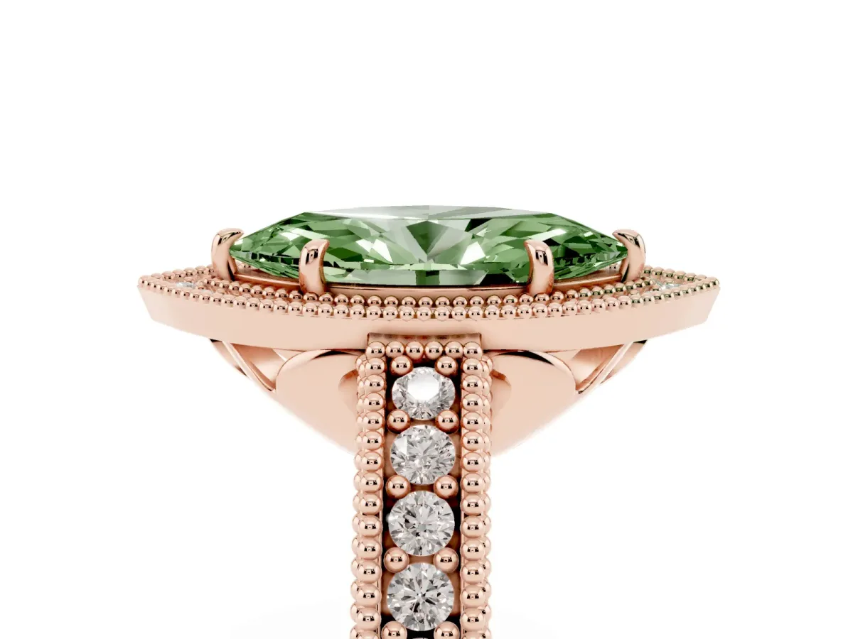 Fancy Green Marquise Cut Cut Halo Diamond Ring with Pavé Band and Four-Prong Setting Rose gold