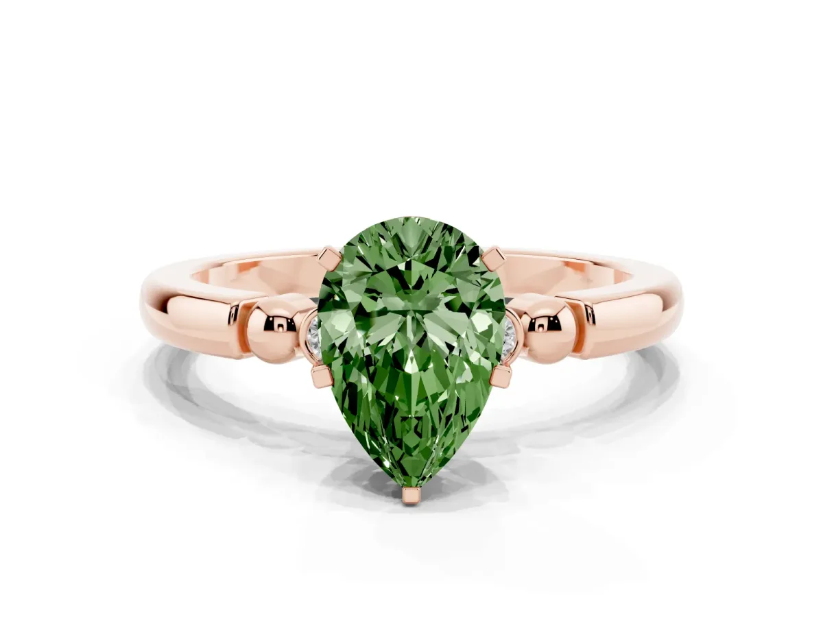 Fancy Green Pear Cut Solitaire Beaded Band with Four-Prong Setting Rose gold