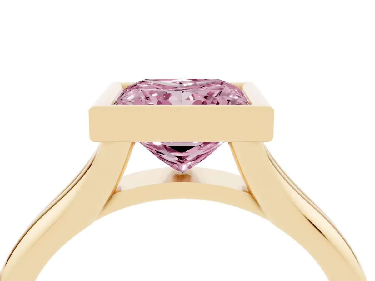 Fancy Pink Bezel Set Princess Cut Solitaire Diamond Ring with Smooth Band Yellow gold
