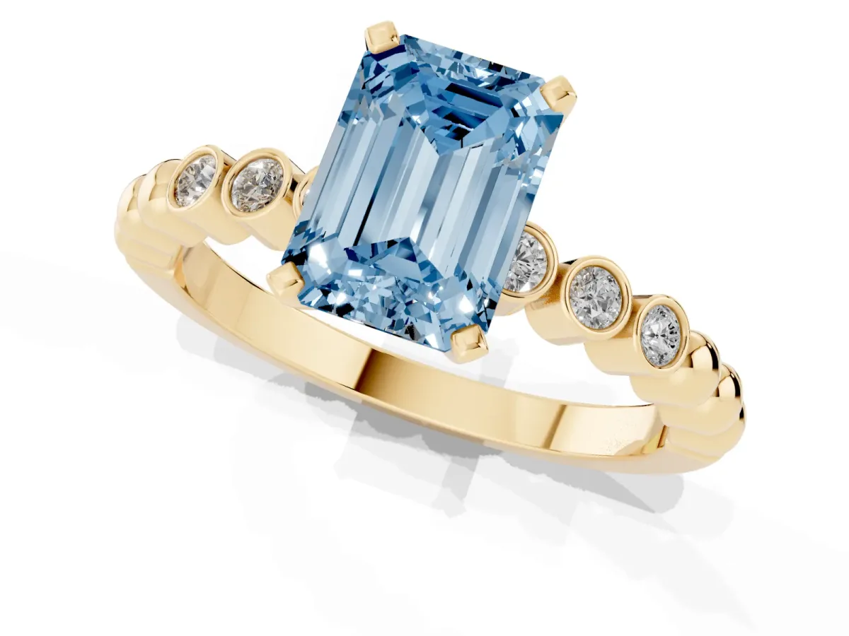 Fancy Blue Emerald Cut Solitaire Bezel Accent Diamond Engagement Ring with Beaded Band and Four-Prong Setting Yellow gold