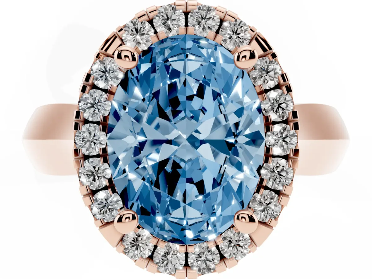 Fancy Blue Oval Cut Cut Halo Solitaire Engagement Ring with Square Band and Four-Prong Setting Rose gold