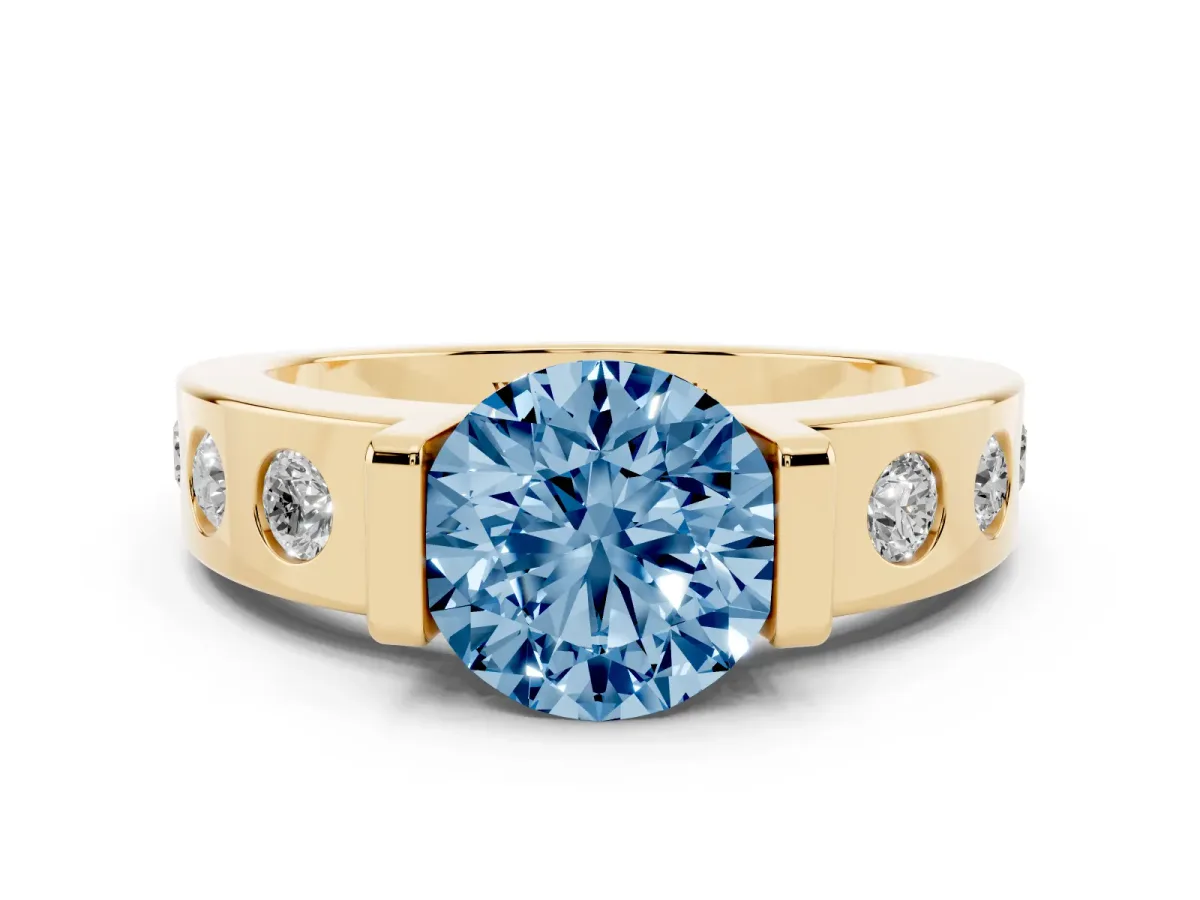 Fancy Blue Round Cut Brilliant Channel-Set Diamond Ring with Bezel Prong Setting Yellow gold