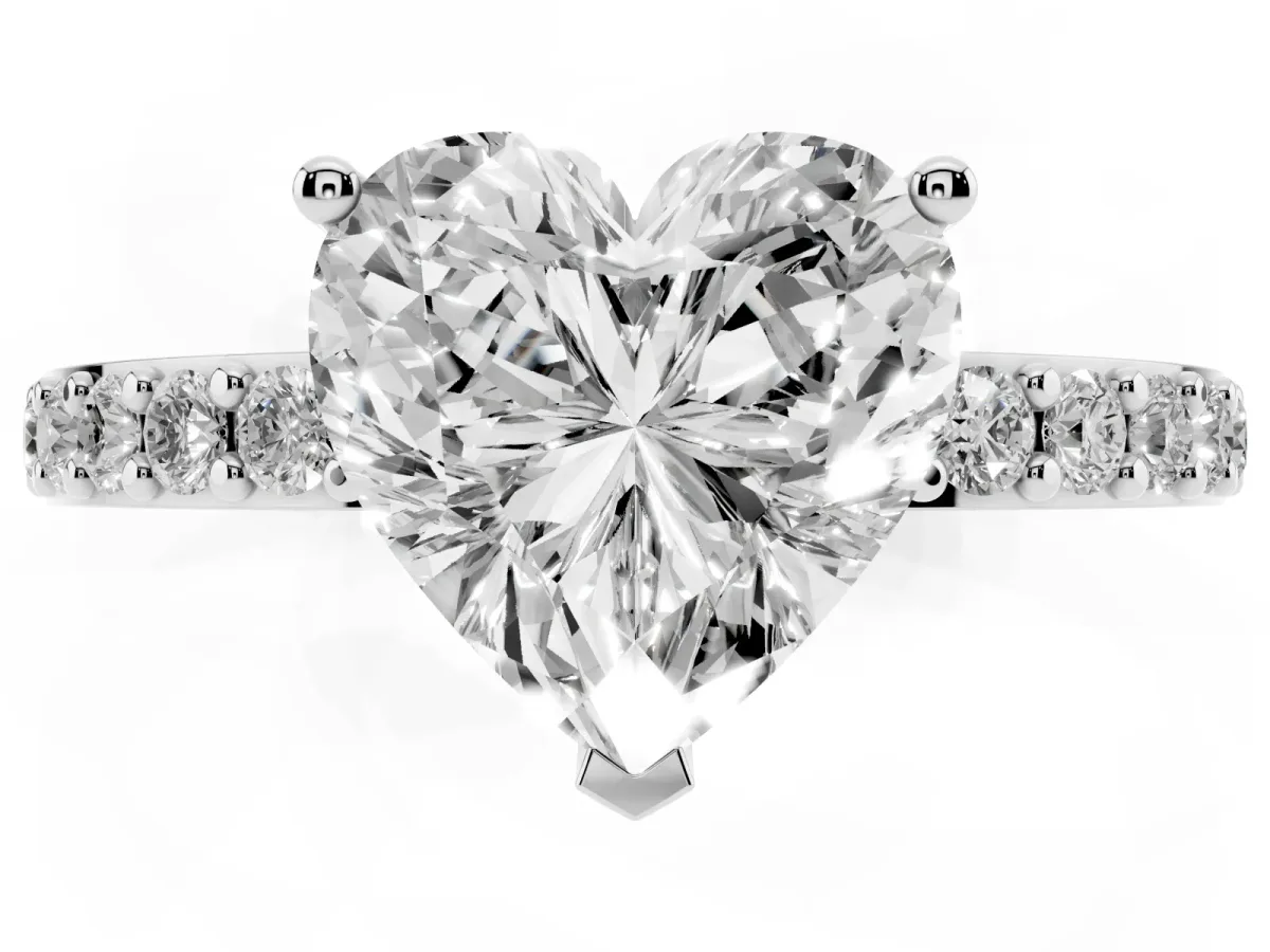 Heart Cut Cut Diamond Solitaire with Pave Band and Four-Prong Setting Silver
