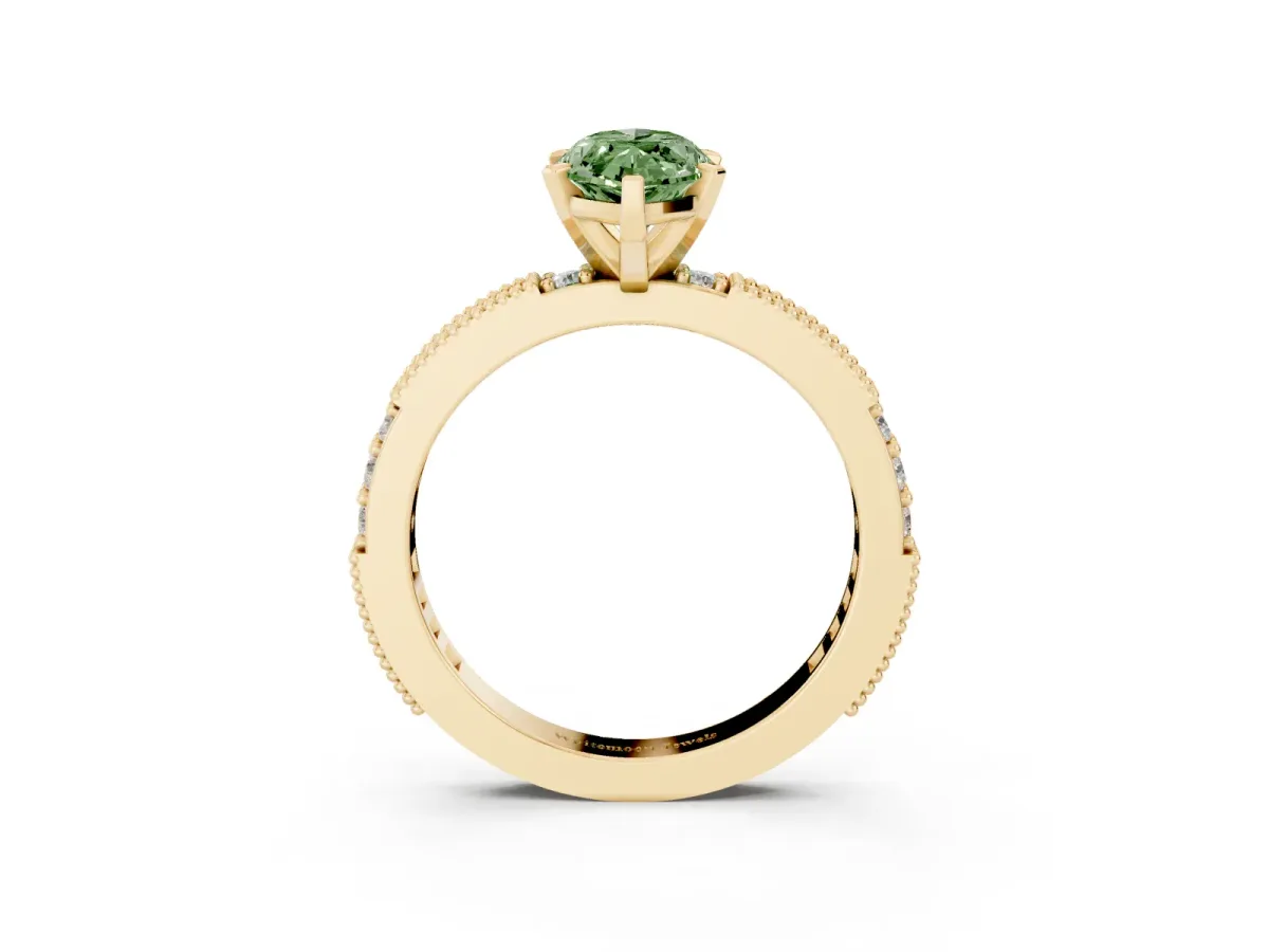 Fancy Green Marquise Cut Solitaire with Pavé Band and Four-Prong Setting Yellow gold