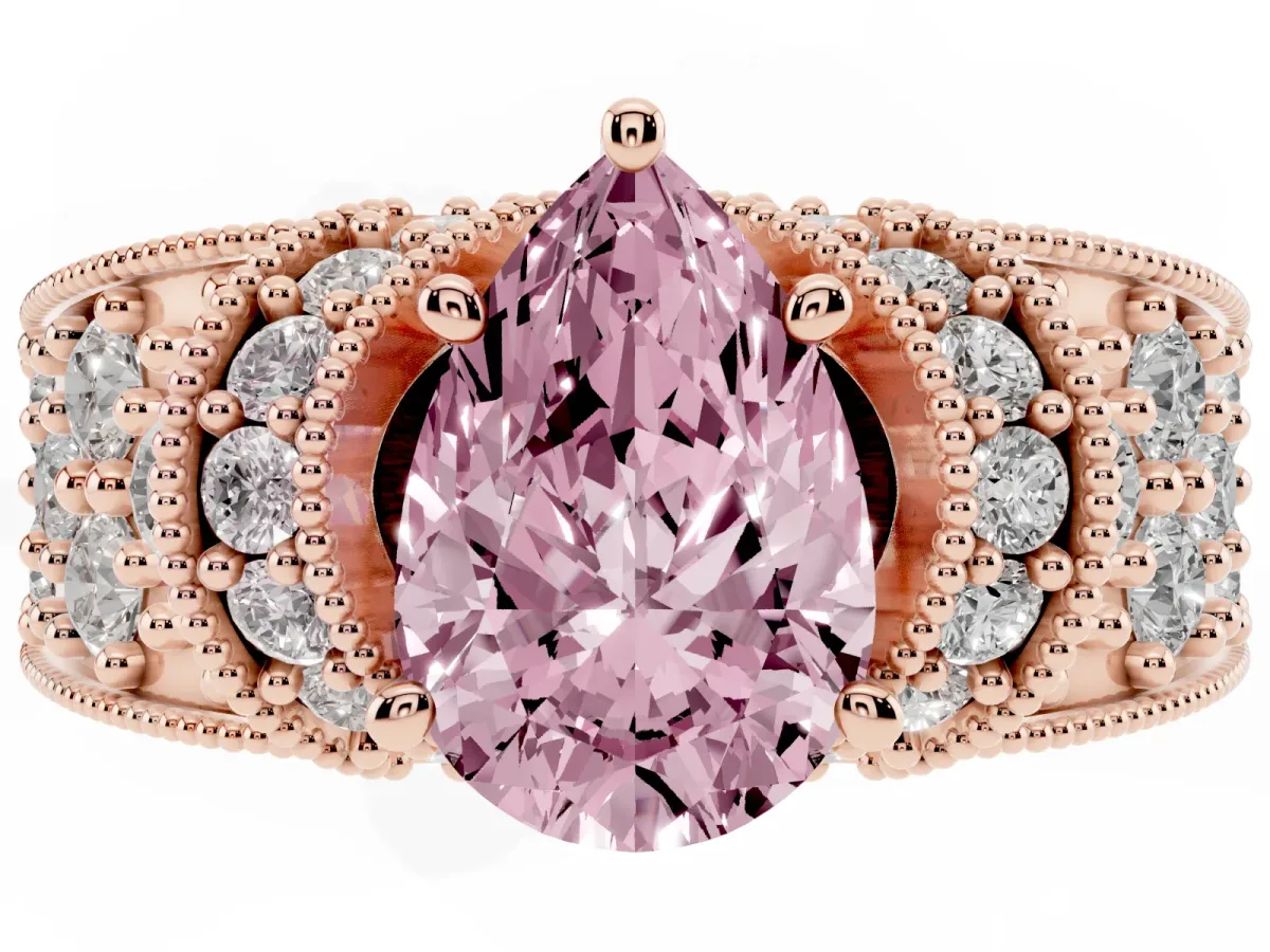 Fancy Pink Pear Cut Halo Pave Diamond Engagement Ring with Milgrain Detailing Rose gold