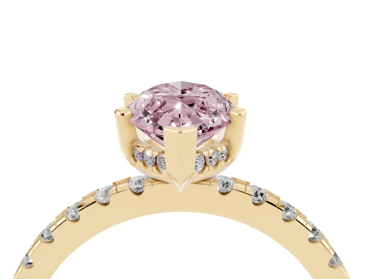Fancy Pink Marquise Cut Diamond Solitaire Ring with Round Pavé Band and Four-Prong Setting Yellow gold