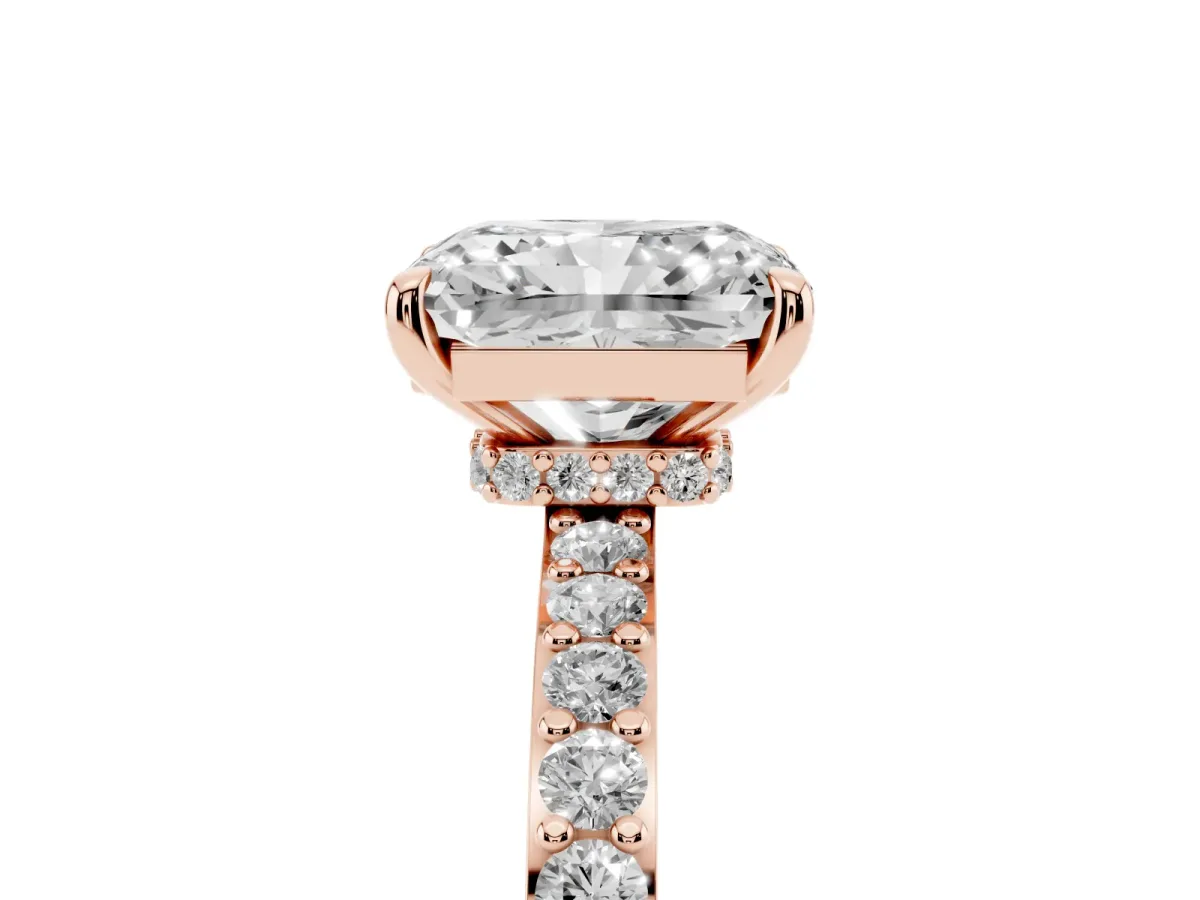 Radiant Cut Diamond Pavé Engagement Ring with Round Accents and Prong Setting Rose gold