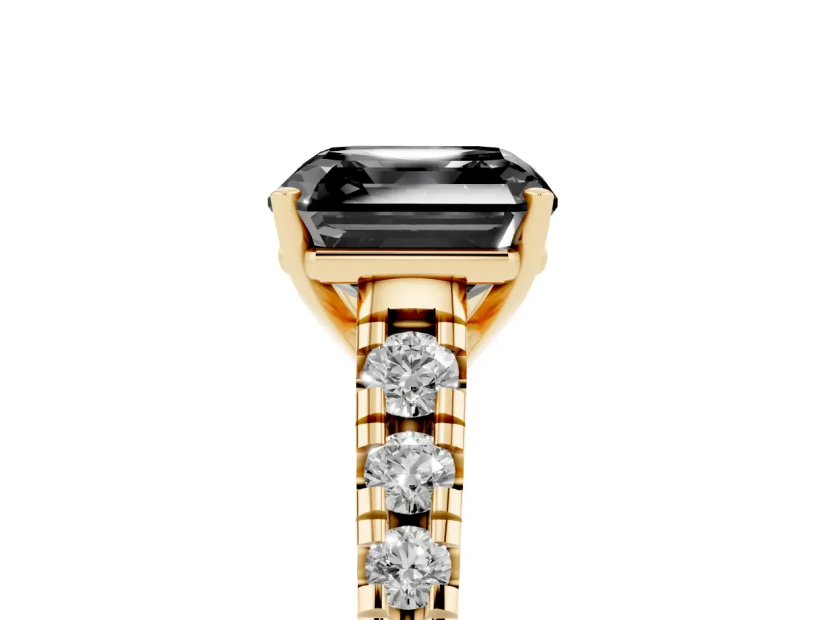 Fancy Black Asscher Cut Diamond Cathedral Solitaire Ring with Round Pavé Band Yellow gold