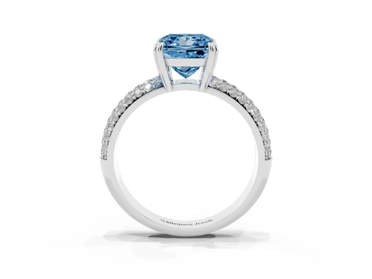 Fancy Blue Princess Cut Diamond Solitaire Ring with Multi-Row Round Pavé Band and Prong Setting Silver