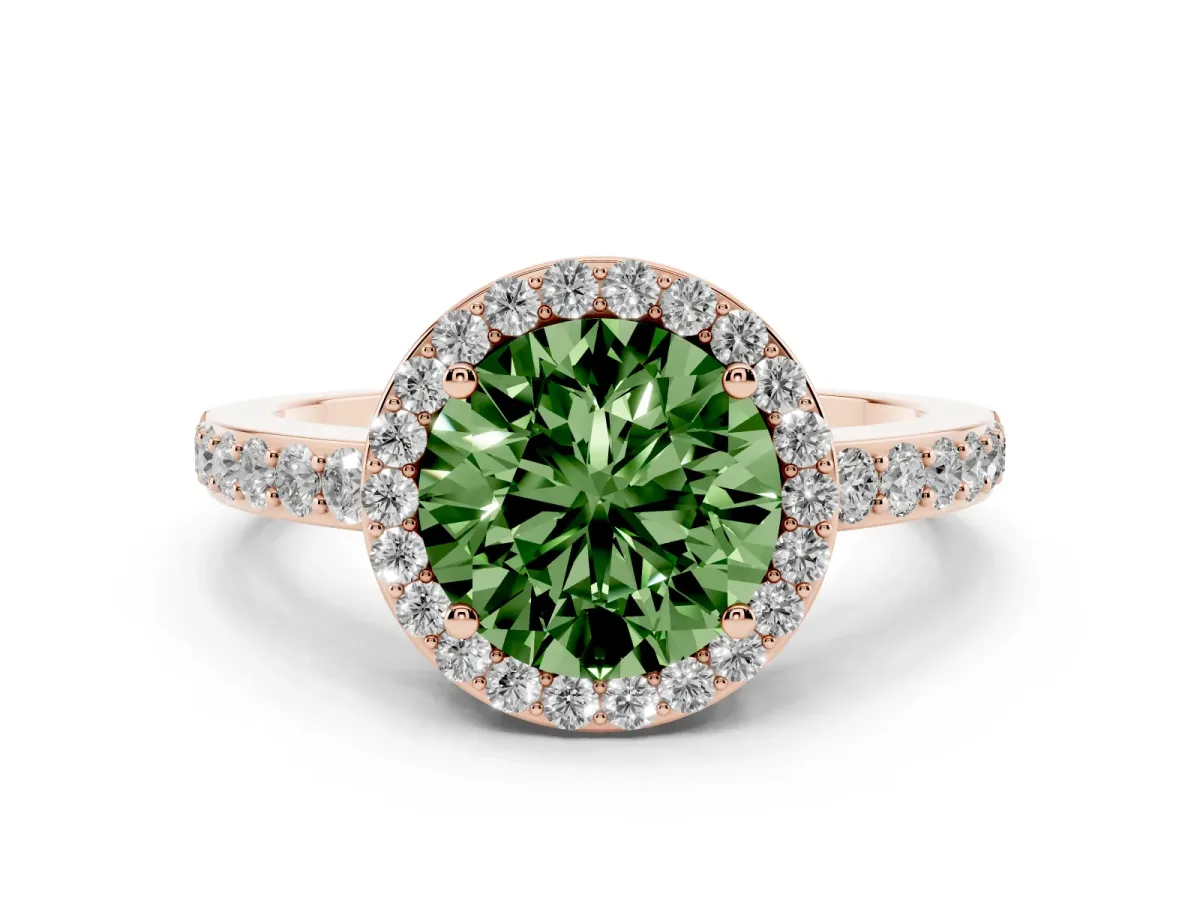 Fancy Green Round Cut Halo Diamond Pavé Band Ring with Prong Setting Rose gold