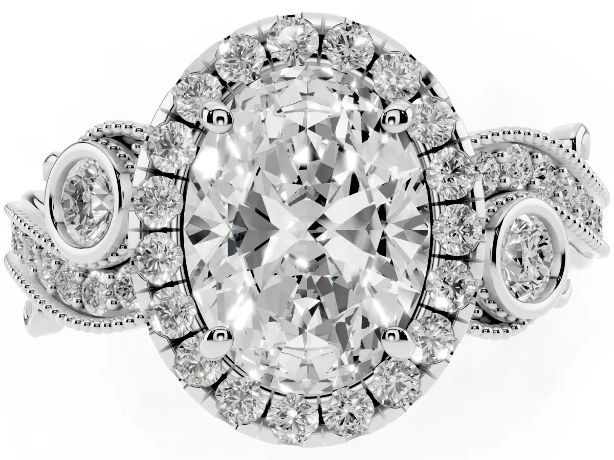 Oval Cut Diamond Halo Ring with Milgrain Pavé Band and Four-Prong Setting Silver