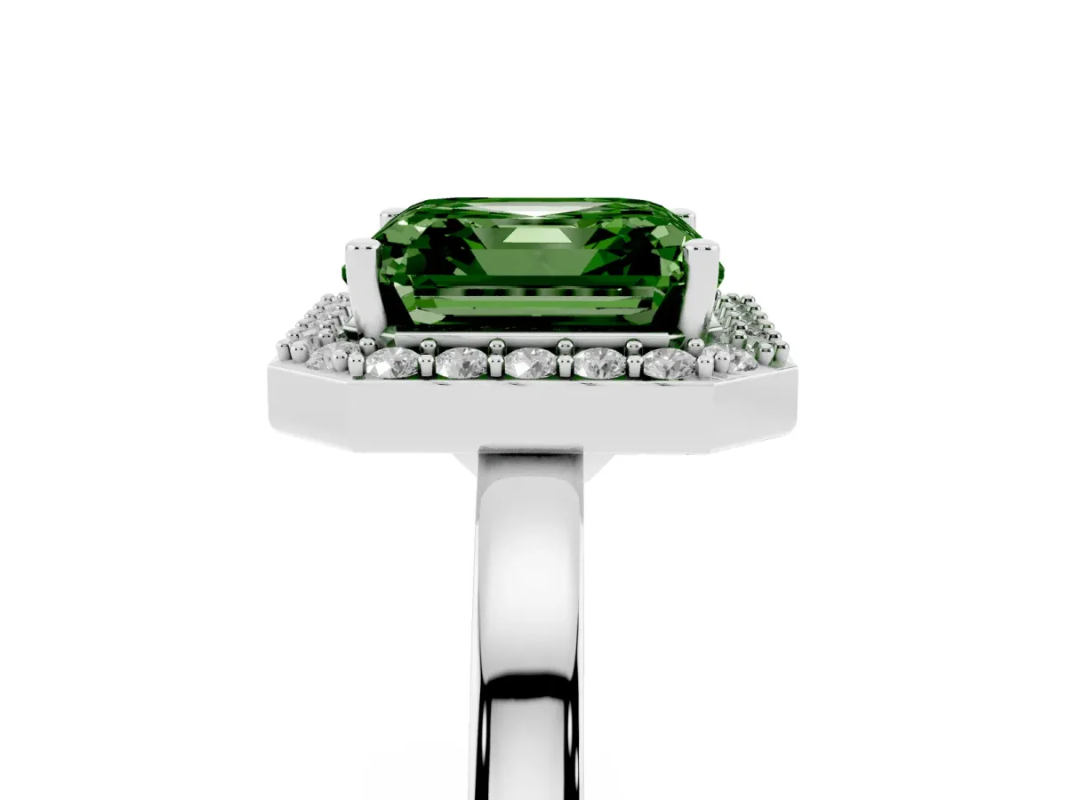Fancy Green Asscher Cut Halo Diamond Ring with Solitaire Band and Prong Setting Platinum