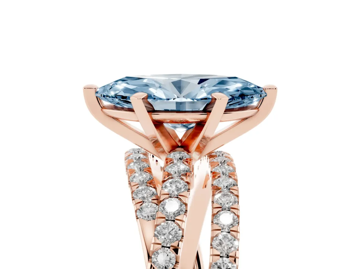 Fancy Blue Marquise Cut Solitaire Twist Band with Pavé Setting and Four-Prong Setting Rose gold