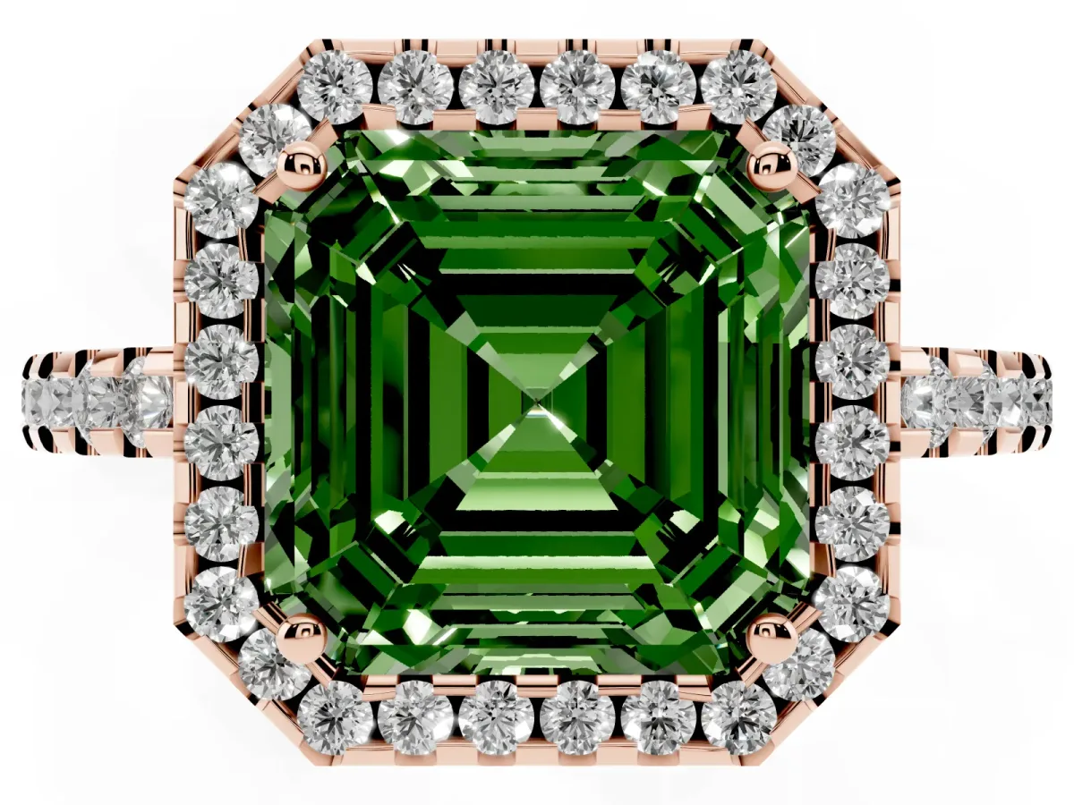Fancy Green Asscher Cut Diamond Halo Engagement Ring with Pavé Band and Prong Setting Rose gold