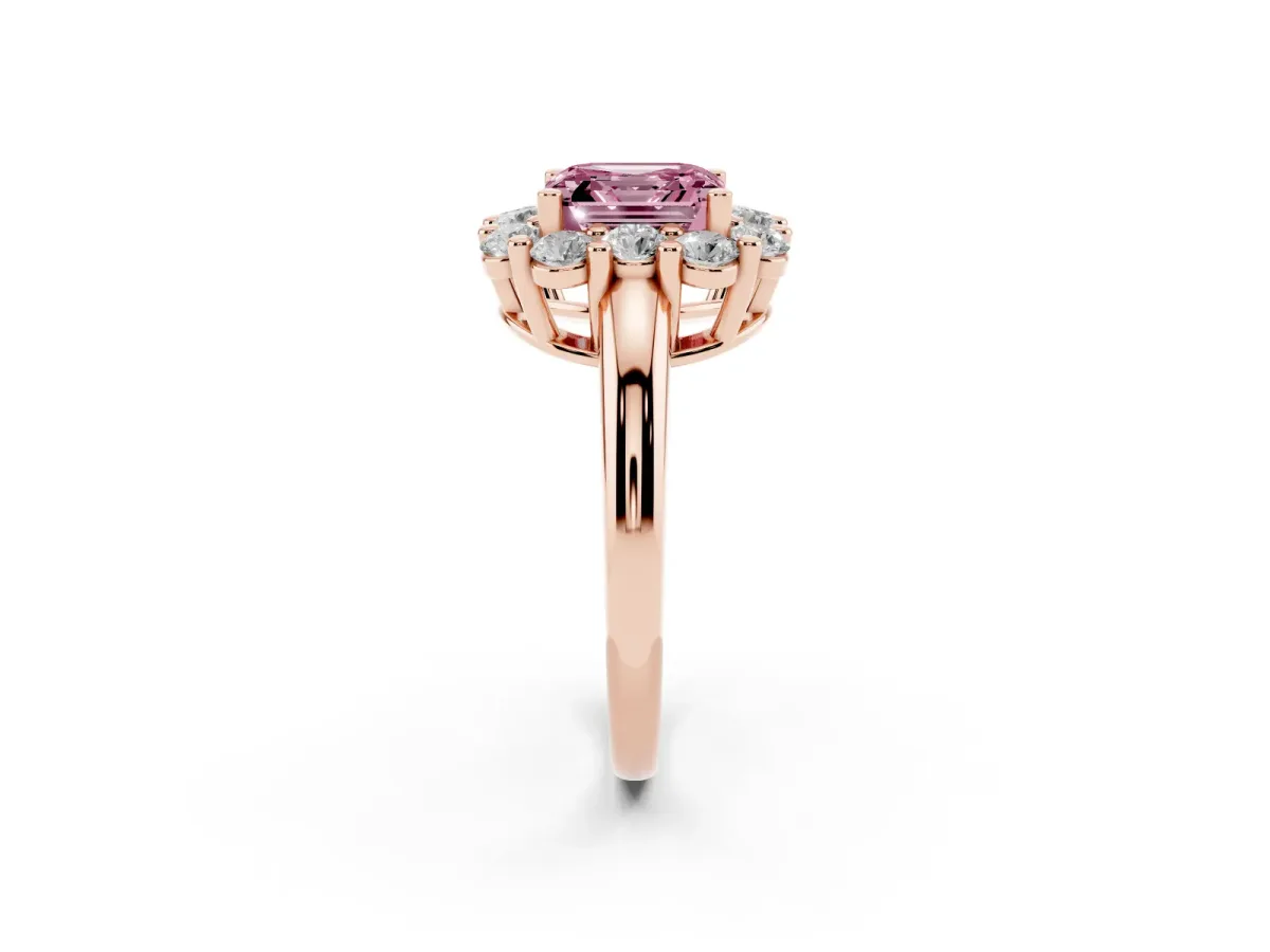 Fancy Pink Asscher Cut Halo Cluster Diamond Engagement Ring with Prong Setting and Polished Band Rose gold