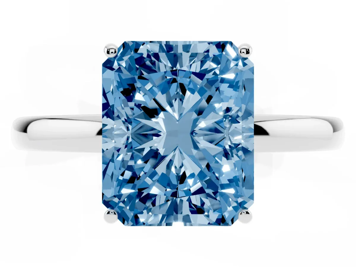 Fancy Blue Radiant Cut Solitaire Diamond Ring with Prong Setting and Plain Band Platinum