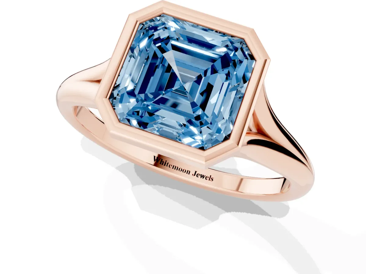 Fancy Blue Bezel Set Asscher Cut Cut Solitaire Ring with Tapered Band Rose gold