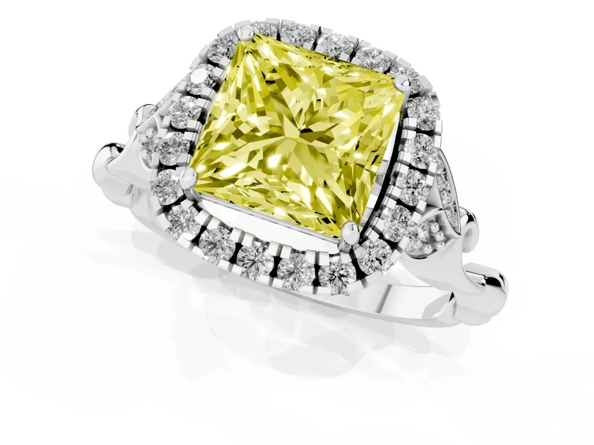 Fancy Yellow Princess Cut Halo Diamond Engagement Ring with Vintage-Inspired Band and Four-Prong Setting White gold