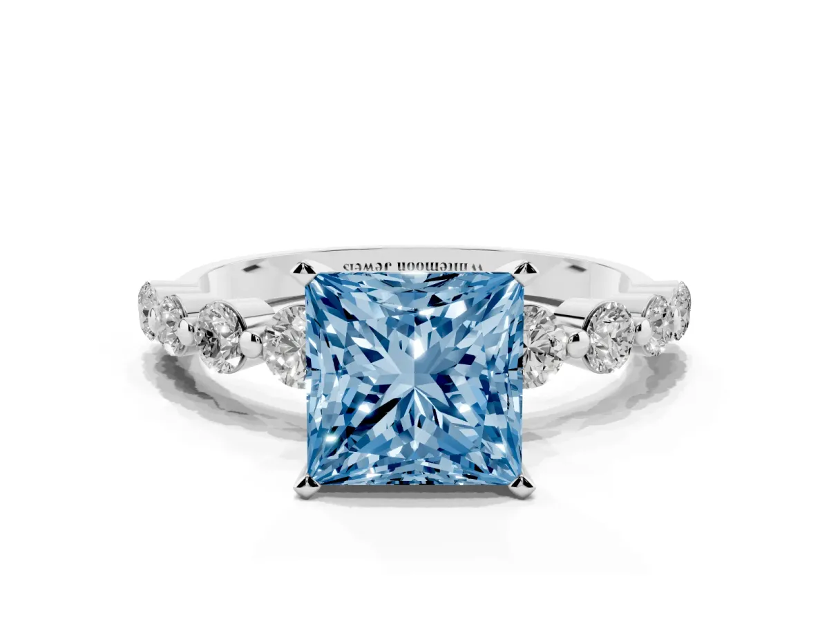 Fancy Blue Princess Cut Solitaire Diamond Ring with Pave Band and Four-Prong Setting Silver