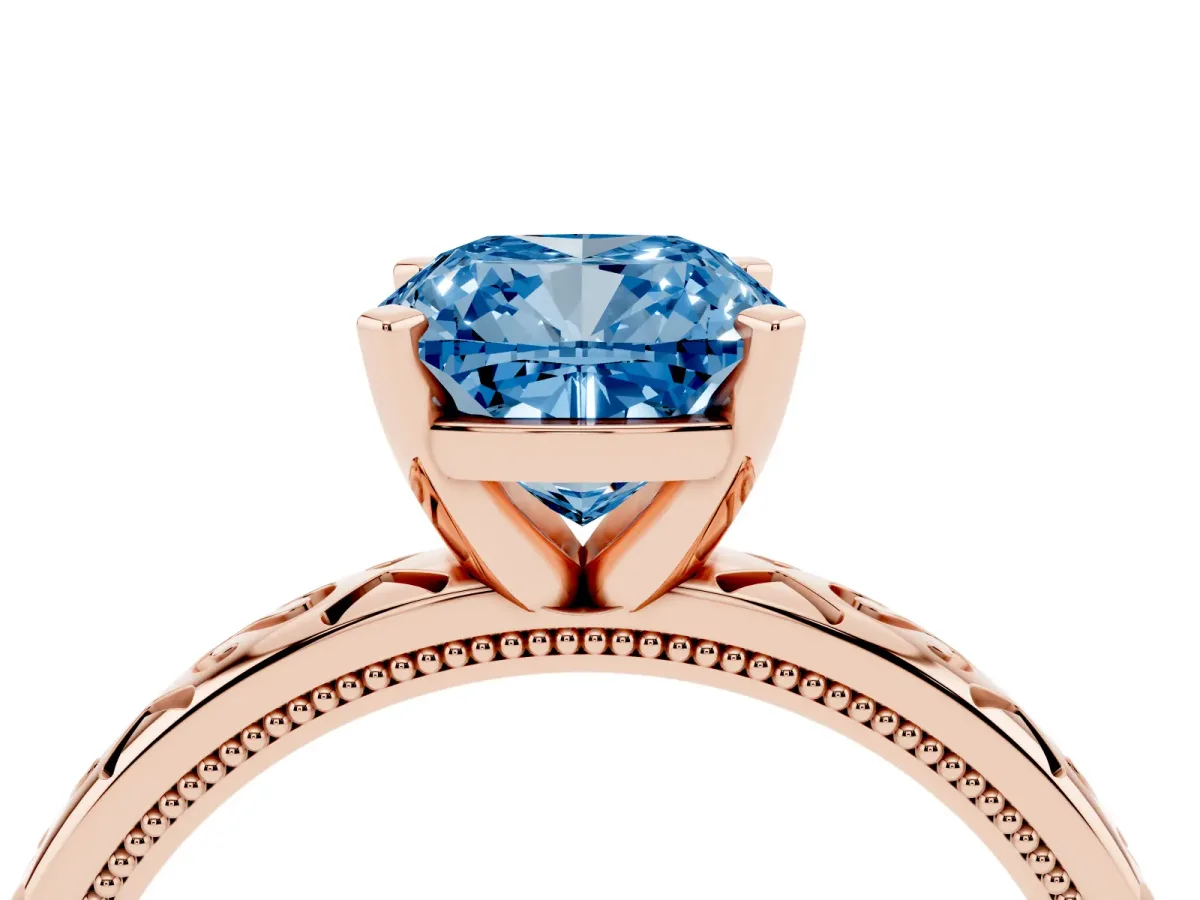 Fancy Blue Cushion Cut Solitaire Engagement Ring with Scrollwork Band and Four-Prong Setting Rose gold