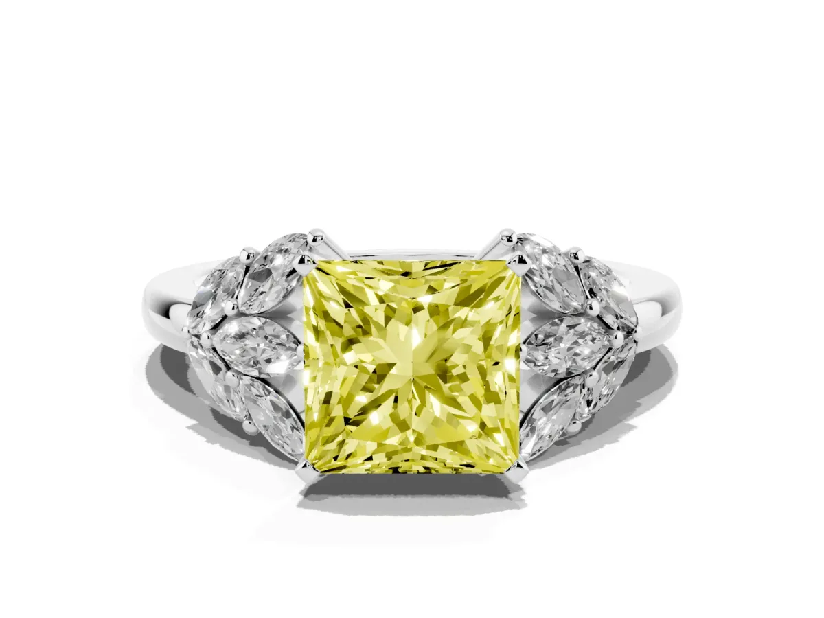 Fancy Yellow Princess Cut Diamond Cluster Leaf Design Ring with Prong Setting Silver