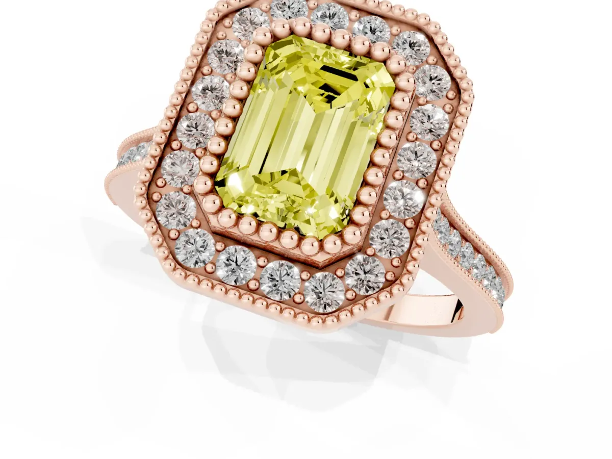 Fancy Yellow Emerald Cut Diamond Halo Ring with Milgrain Frame and Pavé Band Rose gold
