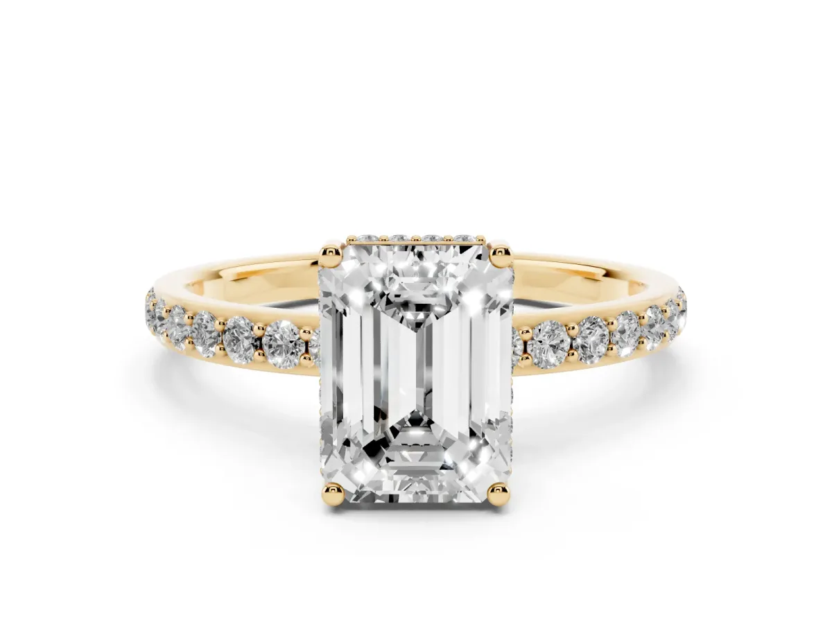 Emerald Cut Diamond Solitaire Ring with Pavé Band and Hidden Halo Yellow gold