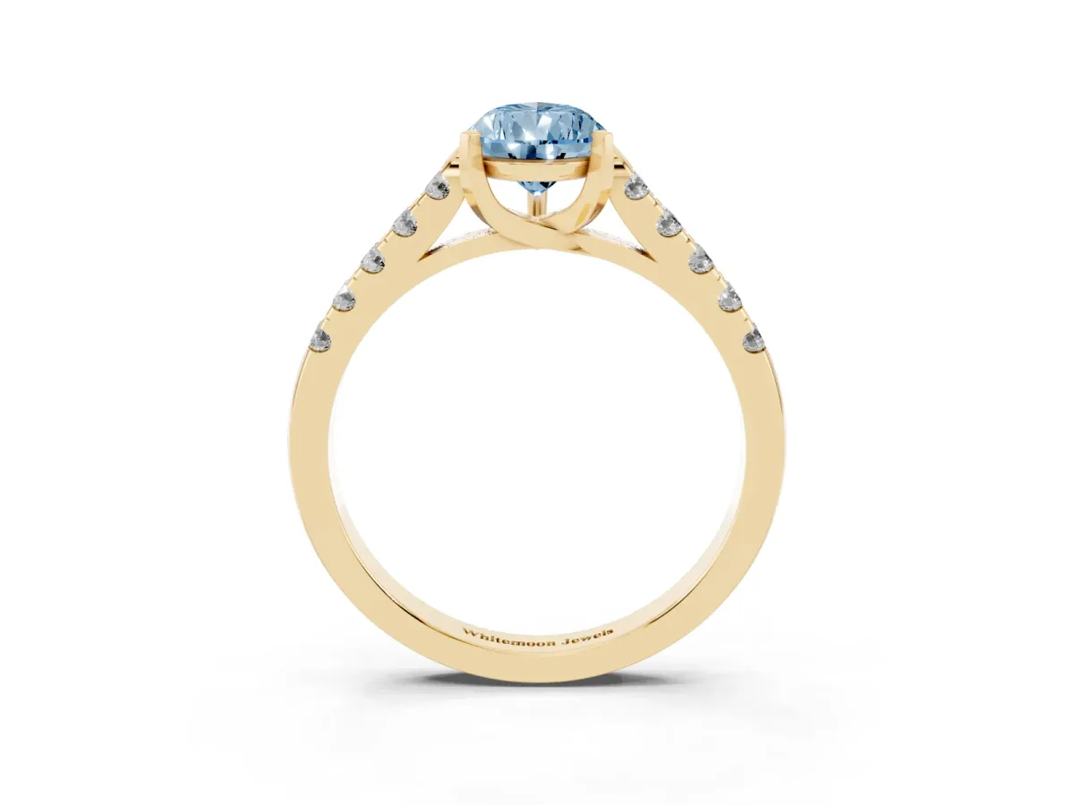 Fancy Blue Pear Cut Diamond Pavé Band Solitaire Ring with Prong Setting Yellow gold