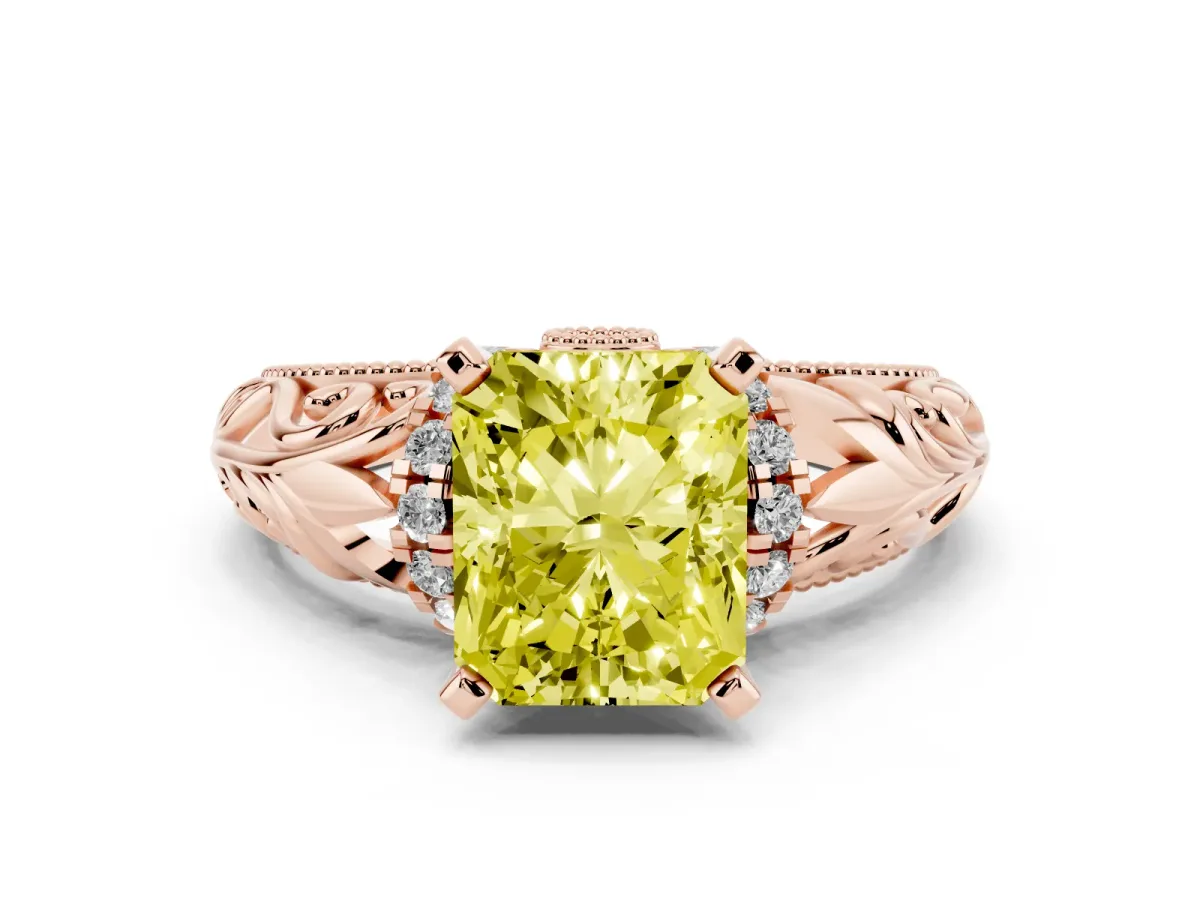 Fancy Yellow Radiant Cut Solitaire Filigree Engagement Ring with Halo and Prong Setting Rose gold