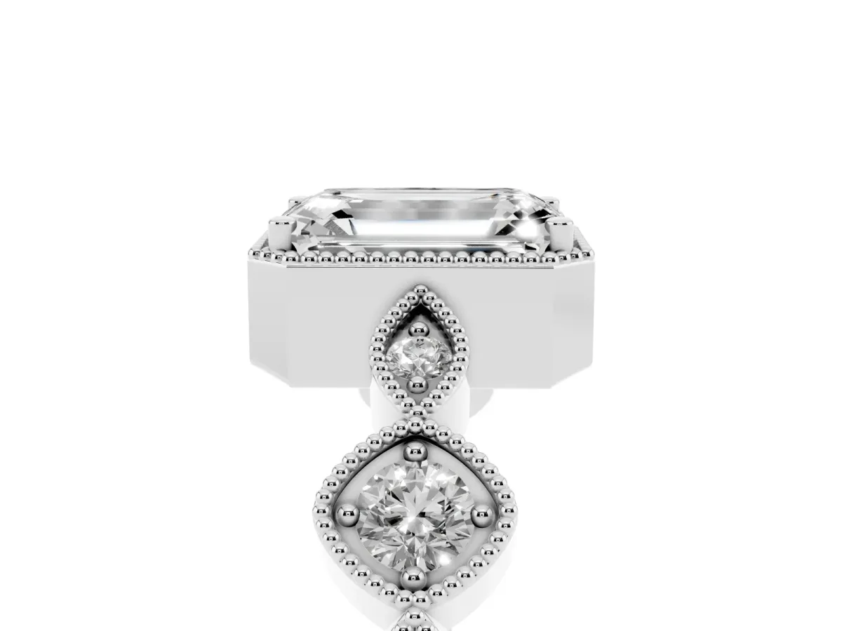 Emerald Cut Diamond Vintage Milgrain Ring with Round Stations Silver