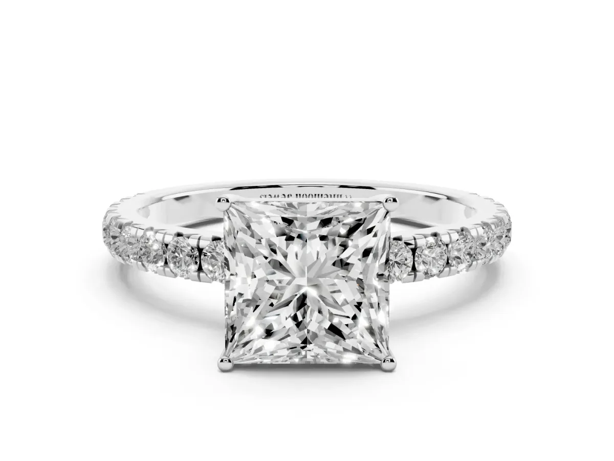 Princess Cut Diamond Pavé Solitaire Engagement Ring with Four-Prong Setting Platinum
