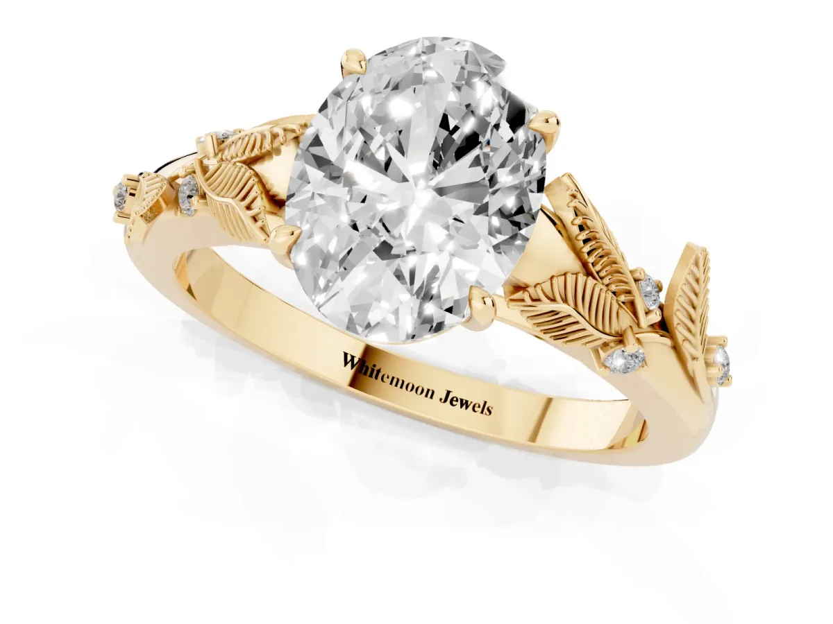 Oval Cut Diamond Solitaire Ring with Leaf Motif Band and Four-Prong Setting Yellow gold