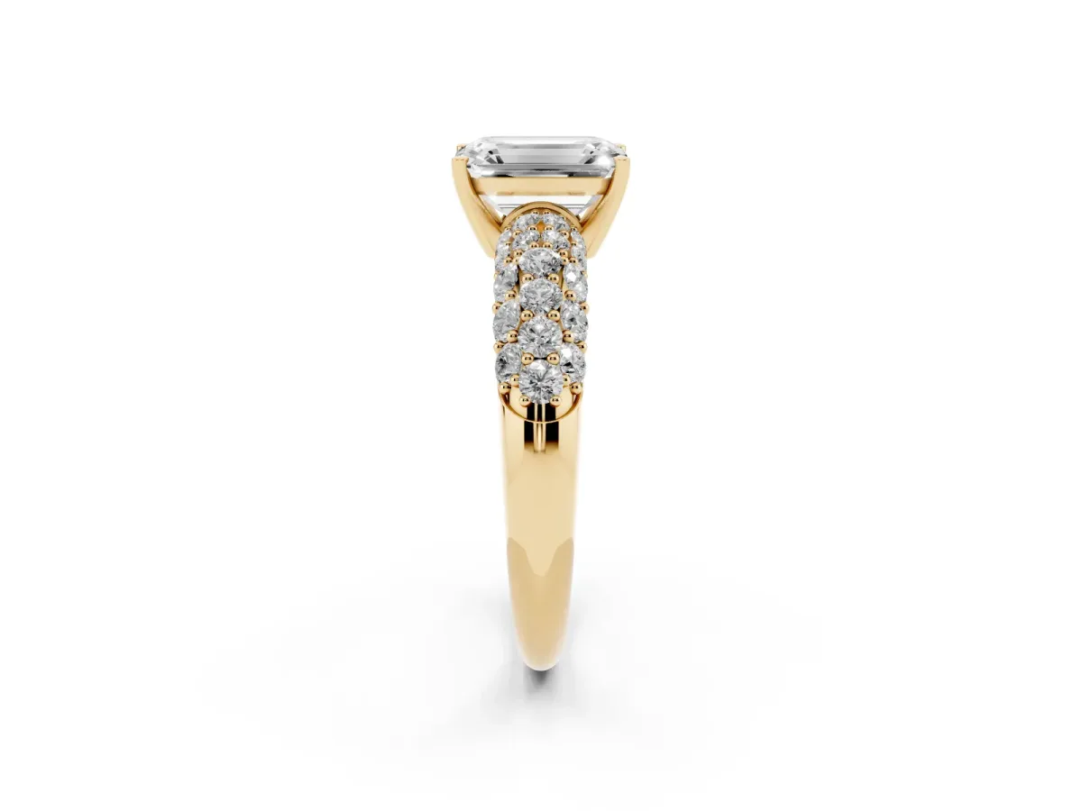 Emerald Cut Diamond Pavé Band Solitaire Ring with Four-Prong Setting Yellow gold