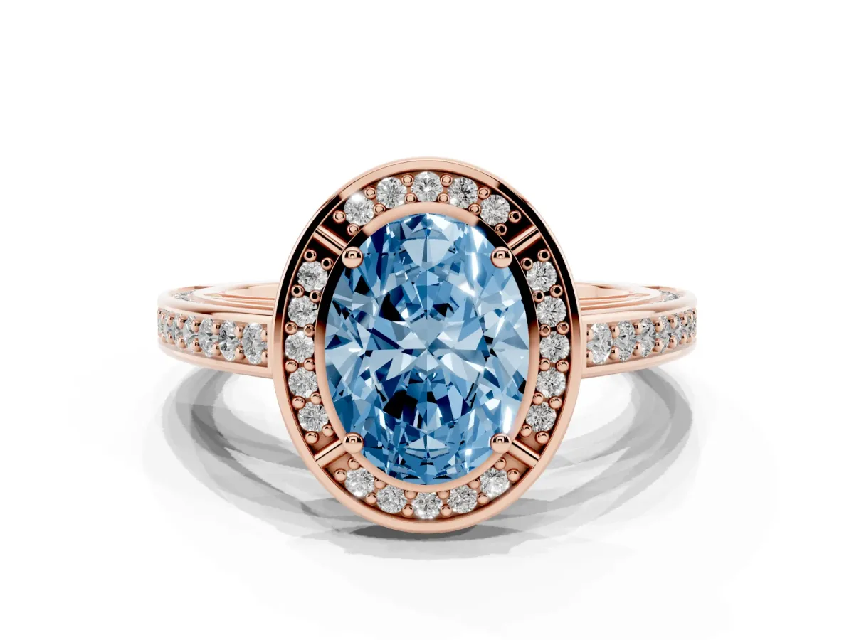 Fancy Blue Oval Cut Cut Halo Pave Split Shank Prong Setting Ring Rose gold
