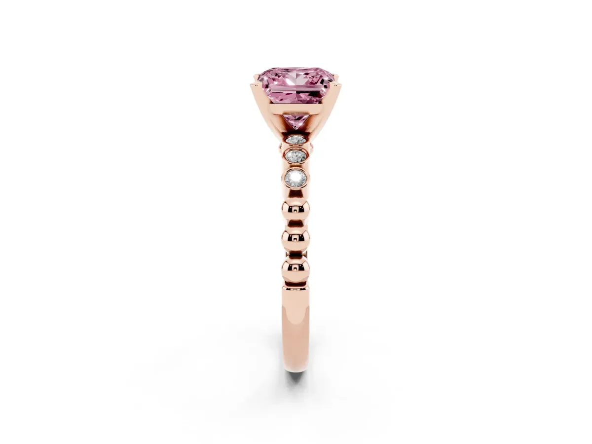 Fancy Pink Princess Cut Solitaire Bezel Accent Diamond Engagement Ring with Beaded Band and Four-Prong Setting Rose gold