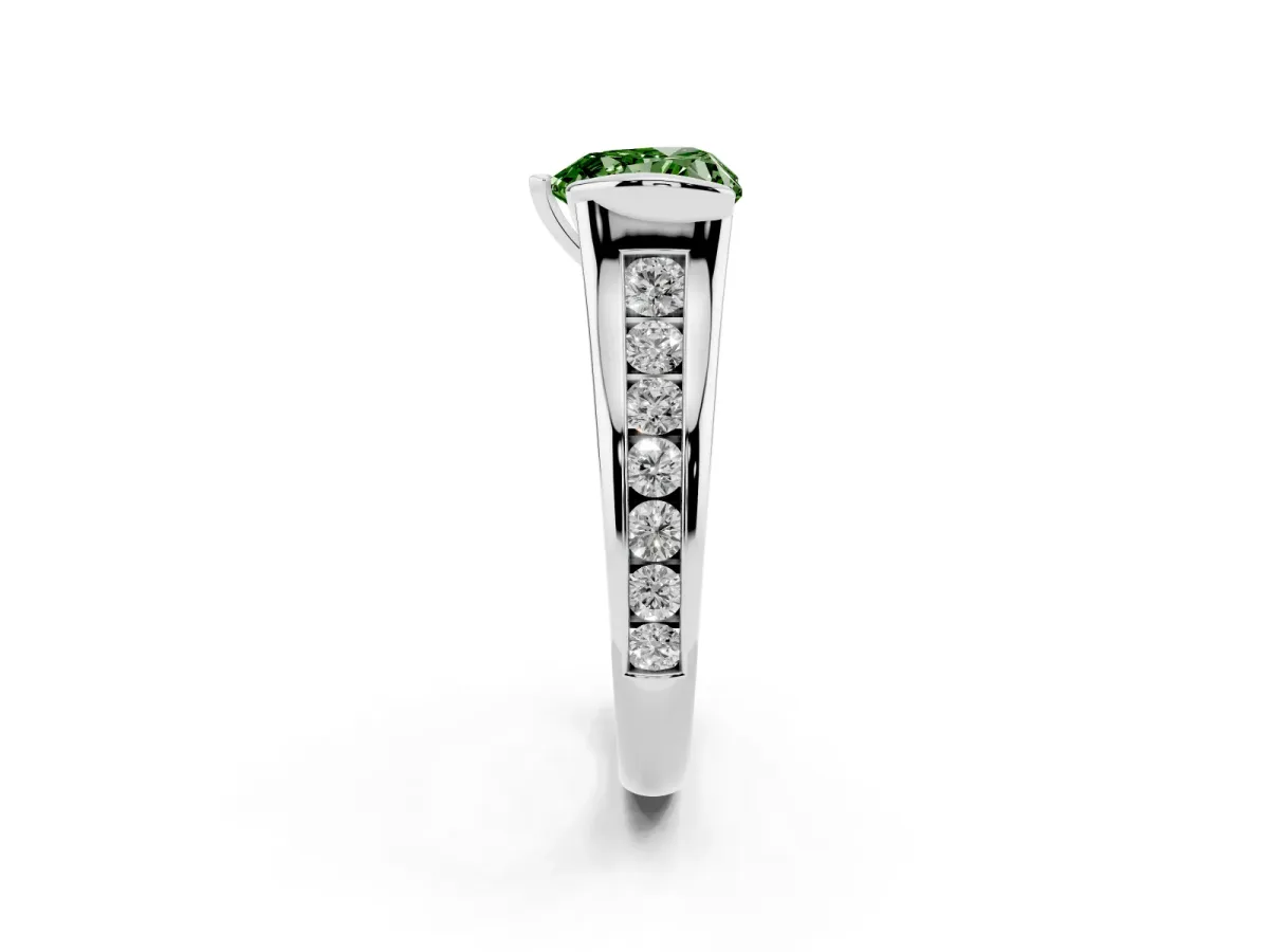 Fancy Green Heart Cut Solitaire Bezel-Set Diamond Ring with Channel-Set Band Silver