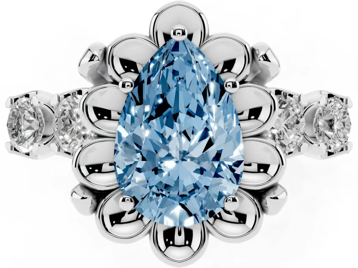 Fancy Blue Pear Cut Cut Diamond Floral Halo Engagement Ring with Shared Prong Setting Silver