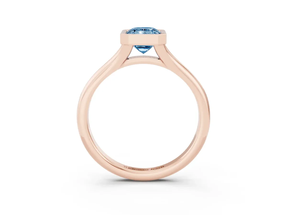 Fancy Blue Bezel Set Emerald Cut Solitaire Diamond Ring with Smooth Band Rose gold