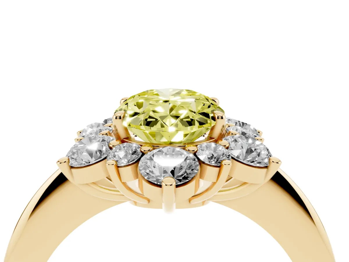 Fancy Yellow Oval Cut Diamond Cluster Halo Ring with Solitaire Band and Four-Prong Setting Yellow gold