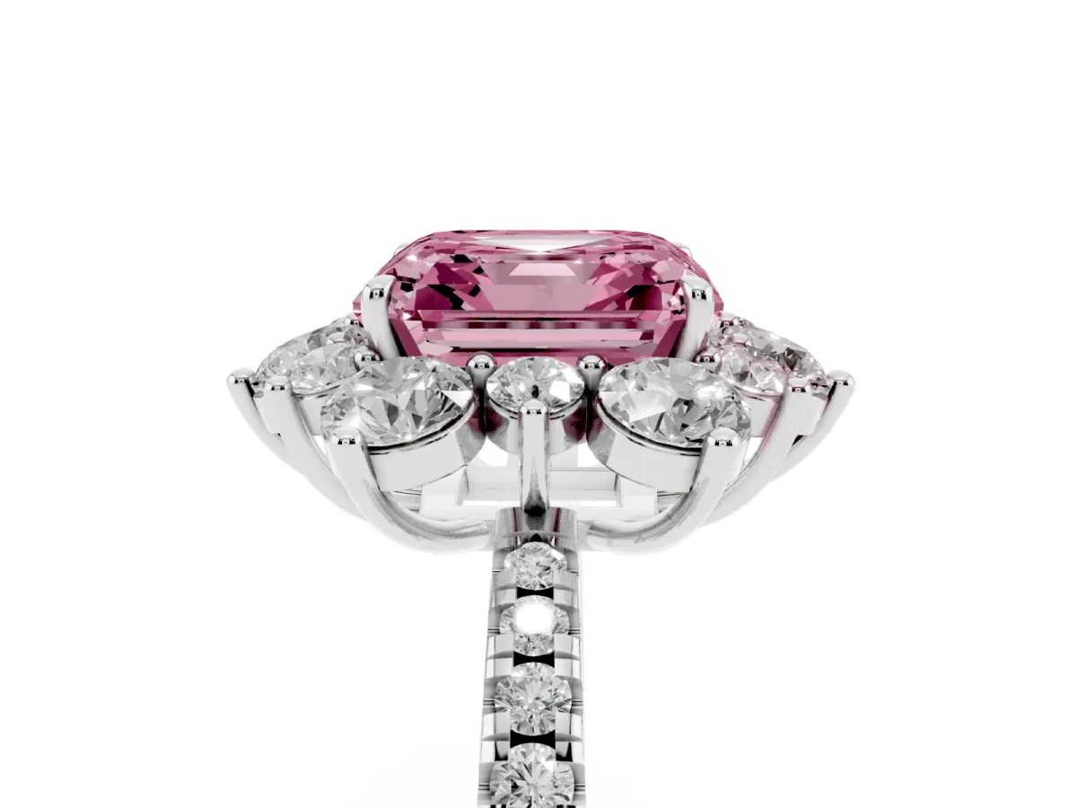 Fancy Pink Asscher Cut Diamond Floral Halo Ring with Round Pavé Band and Prong Setting White gold