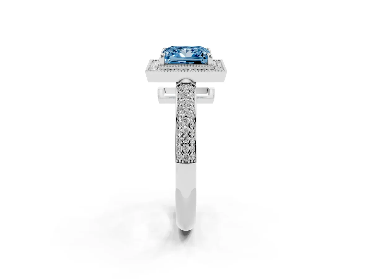 Fancy Blue Princess Cut Cut Halo Diamond Pave Band with Four-Prong Setting Silver