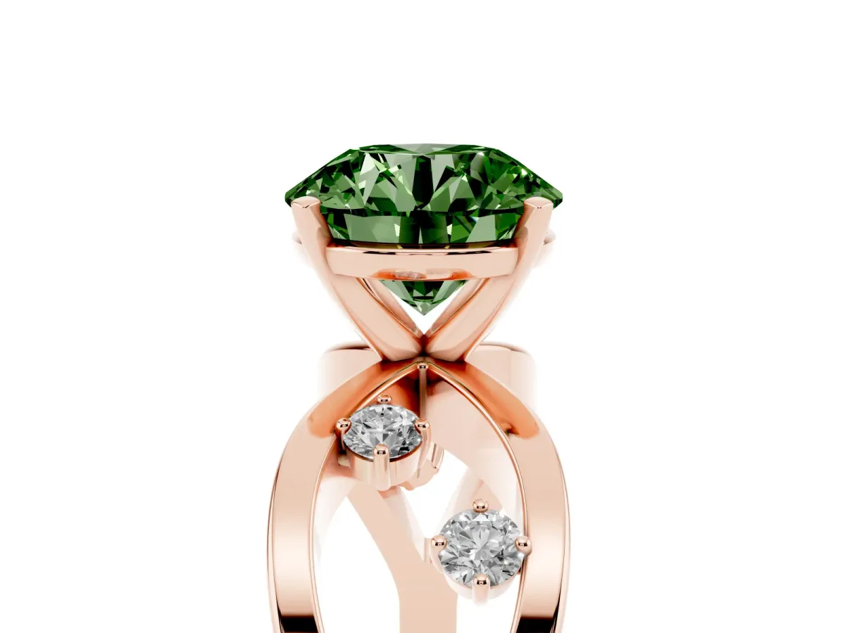 Fancy Green Round Cut Cut Solitaire Diamond with Side Stones on Criss-Cross Band and Four-Prong Setting Rose gold