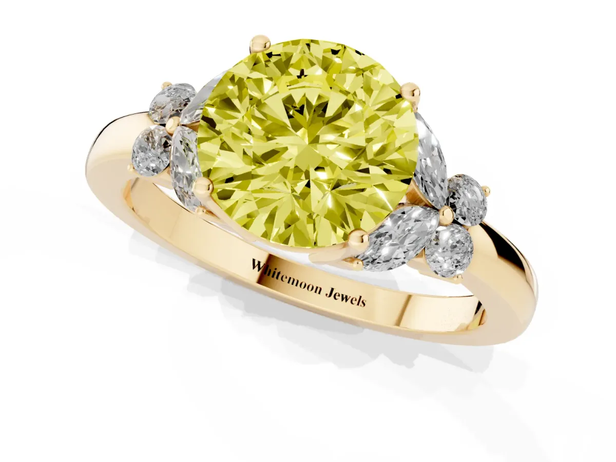 Fancy Yellow Round Cut Cut Solitaire Floral Diamond Ring with Four-Prong Setting Yellow gold