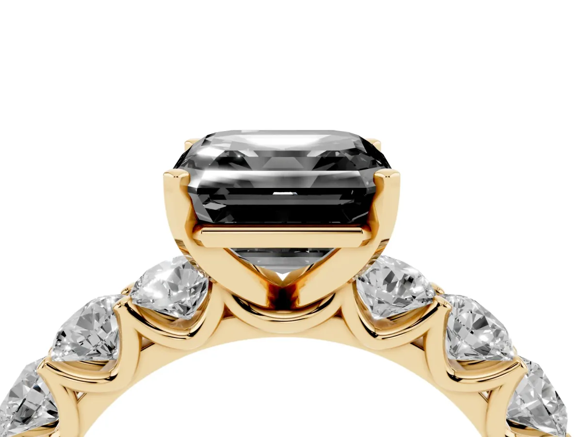 Fancy Black Asscher Cut Diamond Prong Setting with Side Stones on a Pave Band Yellow gold