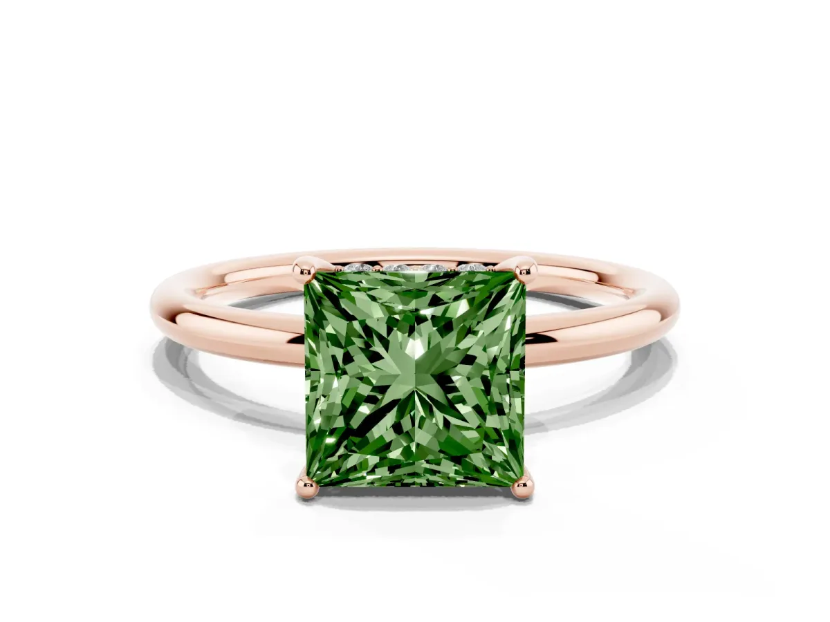 Fancy Green Princess Cut Solitaire Diamond Ring with a Classic Band and Four-Prong Setting Rose gold