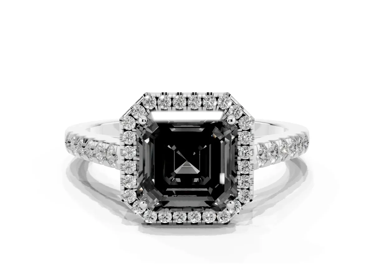Fancy Black Asscher Cut Halo Pave Diamond Engagement Ring with Four-Prong Setting Silver